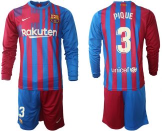 FC Barcelona 2021/22 Herren Heimtrikot Langarm mit Aufdruck PIQUE 3 + Kurze Hosen