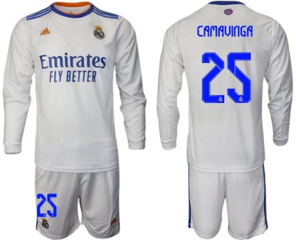 Real Madrid Heimtrikot 2022 weiß Langarm Trikotsatz mit Aufdruck Camavinga 25