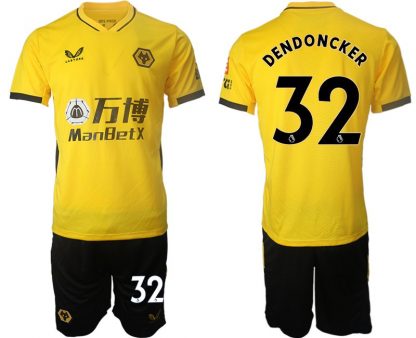 Castore Wolves Heimtrikot Gelb 2022 Kurzarm + Kurze Hosen mit Aufdruck DENDONCKER 32