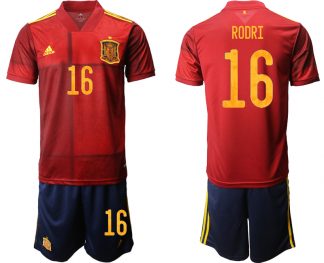 Spanien Heimtrikot Home EM 2022 Rot Kurzarm + Kurze Hosen RODRI 16