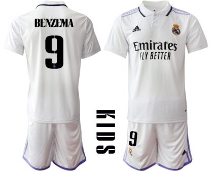 BENZEMA #9 Kinder Heimtrikot Real Madrid Home Trikot weiß lila 2022/23 Günstige Fussballtrikot