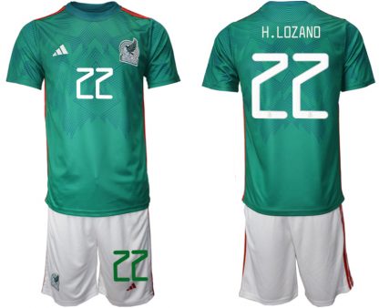 Mexiko Heimtrikot WM 2022 Trikotsatz Grün Kurzarm + weiß Kurze Hosen H.LOZANO #22