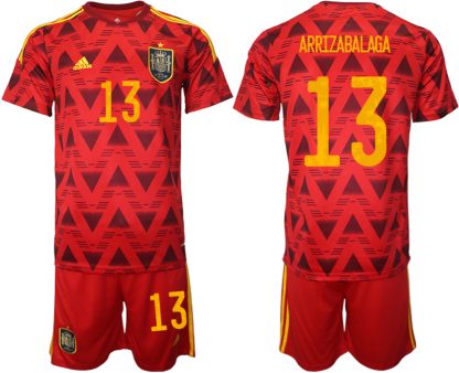 Spanien Heimtrikot WM 2022 Rot Trikotsatz Kurzarm + Kurze Hosen mit Aufdruck ARRIZABALAGA 13