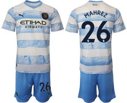 Manchester City Aufwärmtrikot 2022/2023 weiß blau Kurzarm + Kurze Hosen MAHREZ 26