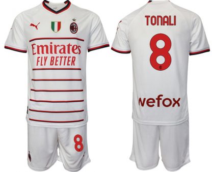 Fußballtrikot für Herren AC Milan Auswärtstrikot 2022/23 Weiß Kurzarm + Kurze Hosen TONALI 8