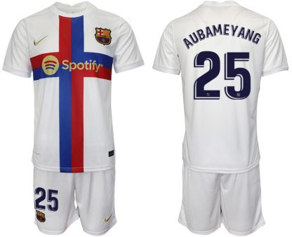 Günstige Neuen Fußballtrikot FC Barcelona 2022/23 Ausweichtrikot weiß mit Aufdruck AUBAMEYANG 25