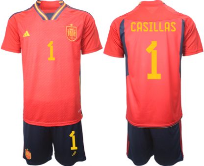 Herren Spanien WM 2022 Heimtrikot Teampower Rot Kurzarm + Kurze Hosen CASILLAS 1