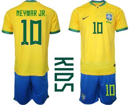 Kinder Heimtrikot Brasilien Fußball 2022 WM Gelb Trikotsatz Kurzarm + Kurze Hosen NEYMAR JR.10