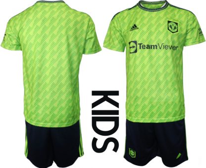 Kinder Manchester United 22-23 Ausweichtrikot Grün Kurzarm + schwarz Kurze Hosen