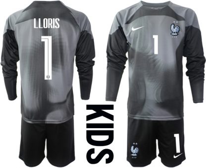 LLORIS #1 Frankreich 2022/23 Torwarttrikot schwarz Langarm Trikotsatz für Kinder