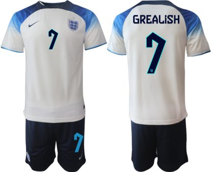 GREALISH #7 Herren England Fußball-WM 2022 Heimtrikot weiß blau Kurzarm + Kurze Hosen