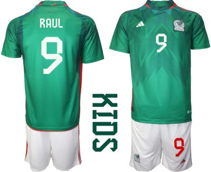 RAUL 9 Kinder Heimtrikot Mexiko WM 2022 Grün Kurzarm + Kurze Hosen