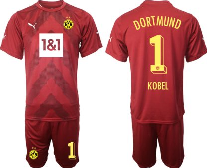 KOBEL #1 Herren Borussia Dortmund BVB Torwarttrikot 2023 in Rot Kurzarm + Kurze Hosen