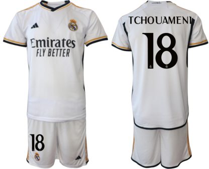 Herren Fußball Trikot Real Madrid 2023-24 Heimtrikot Kurzarm + Kurze Hosen TCHOUAMENI 18