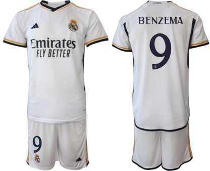 Herren Real Madrid 2023-24 Heimtrikot in weiß Kurzarm + Kurze Hosen BENZEMA 9