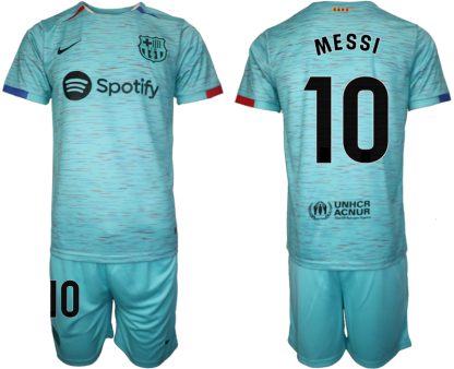 Herren Set FC Barcelona 2023-24 Drittes Trikot blau Kurzarm + Kurze Hosen Lionel Messi 10